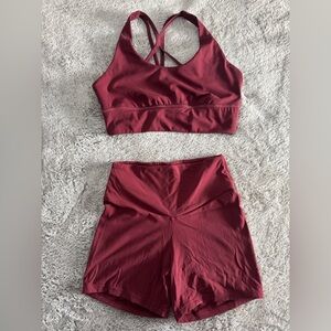 Oysho Burgundy Activewear Set | Strappy Sports Bra M + Shorts XS